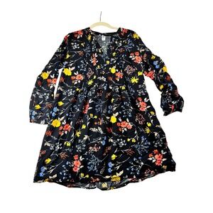 Old Navy Floral Print Dress‎ Black Red Yellow Blue Long Sleeve Womens M